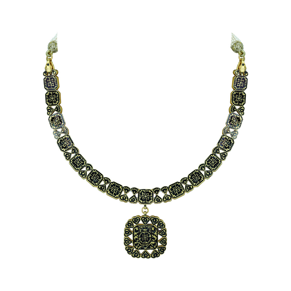 Polki Necklace with Black Enamel Squares and Central Pendant
